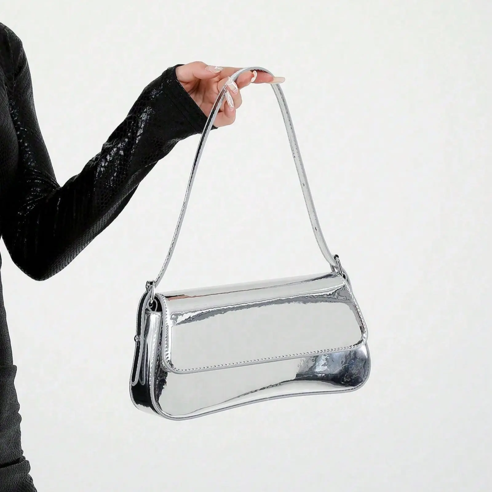 New Solid Color PU Material Shoulder Bag, Texture Luxury Style Crossbody Bright Evening Clutch Bag with  Fashionable and Unique Short Arc Design Equipped With Vest Buckle Handbag Work Bag Dinner Bag Handbag Suitable for Woman