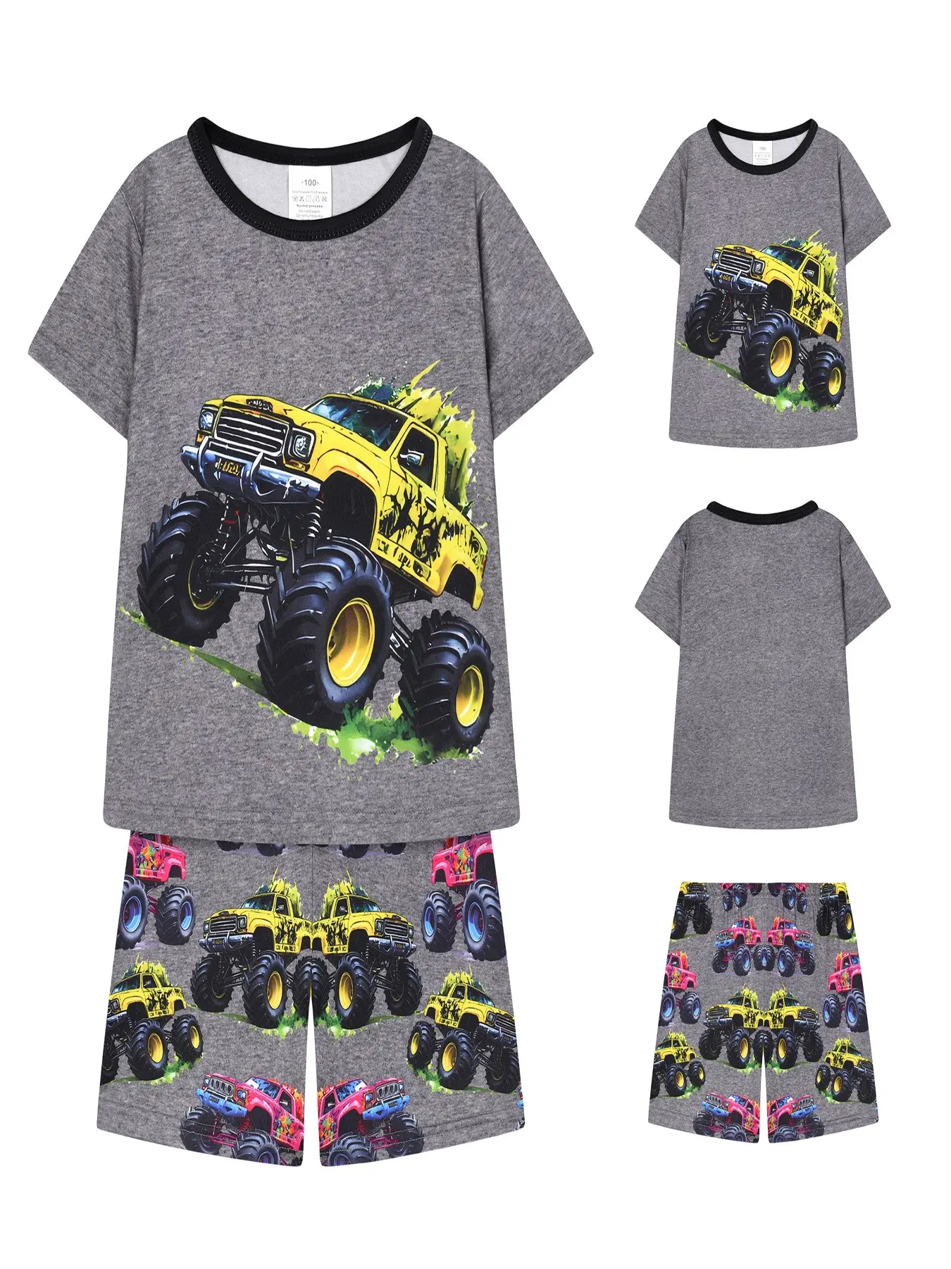 Kids Short Sleeve Pajama Set, Dinosaur Print, Soft Comfortable Home Wear, Elastic Waist, Suitable for 2-12 Years, Casual Style, Cartoon Print Pajama, Cartoon Print Sleepwear, Cartoon Pattern Pajamas