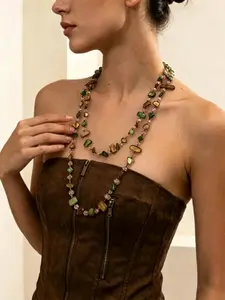 Meadow Style Natural Stone Beaded Necklace, Vintage Chunky Crystal Double Layer Chain, Unique Trend Lockbone Pendant