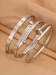 Elegant Diamond Inlaid Bracelet Set, Stainless Steel Layered Design, Perfect for Parties & Gifting, Casual Style Jewelry, Multilayered Bangles, Stackable Bracelets