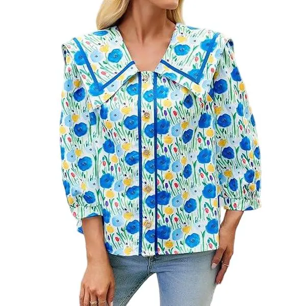 Cicy Bell  Women's Floral Button Down Shirts Trendy Casual 3/4 Lantern Sleeve Blouse Square Neck Collared Tops Lightweight Soft Polyester Elastane Blue Print Womenswear