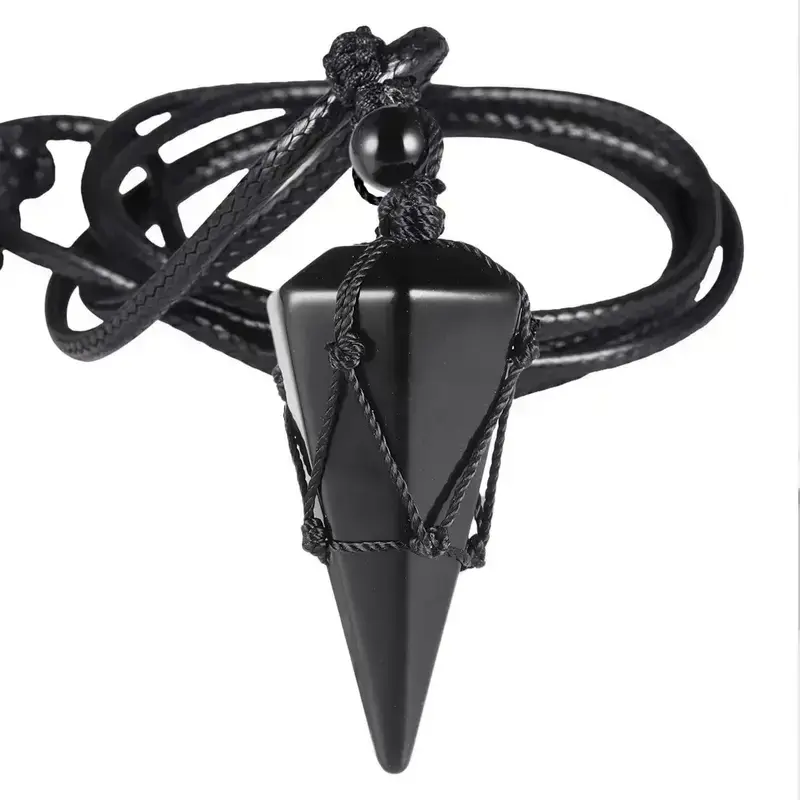 Natural Black Obsidian Hexagonal Dangle Point Pendant Necklace - Adjustable Cord, Crystal Energy Necklace with Reiki Properties, Healing & Fashion Chakra Jewelry for Protection, Meaningful Father's Day Gifts, Meaningful Gifts, Geometric, Unisex, Adults, A