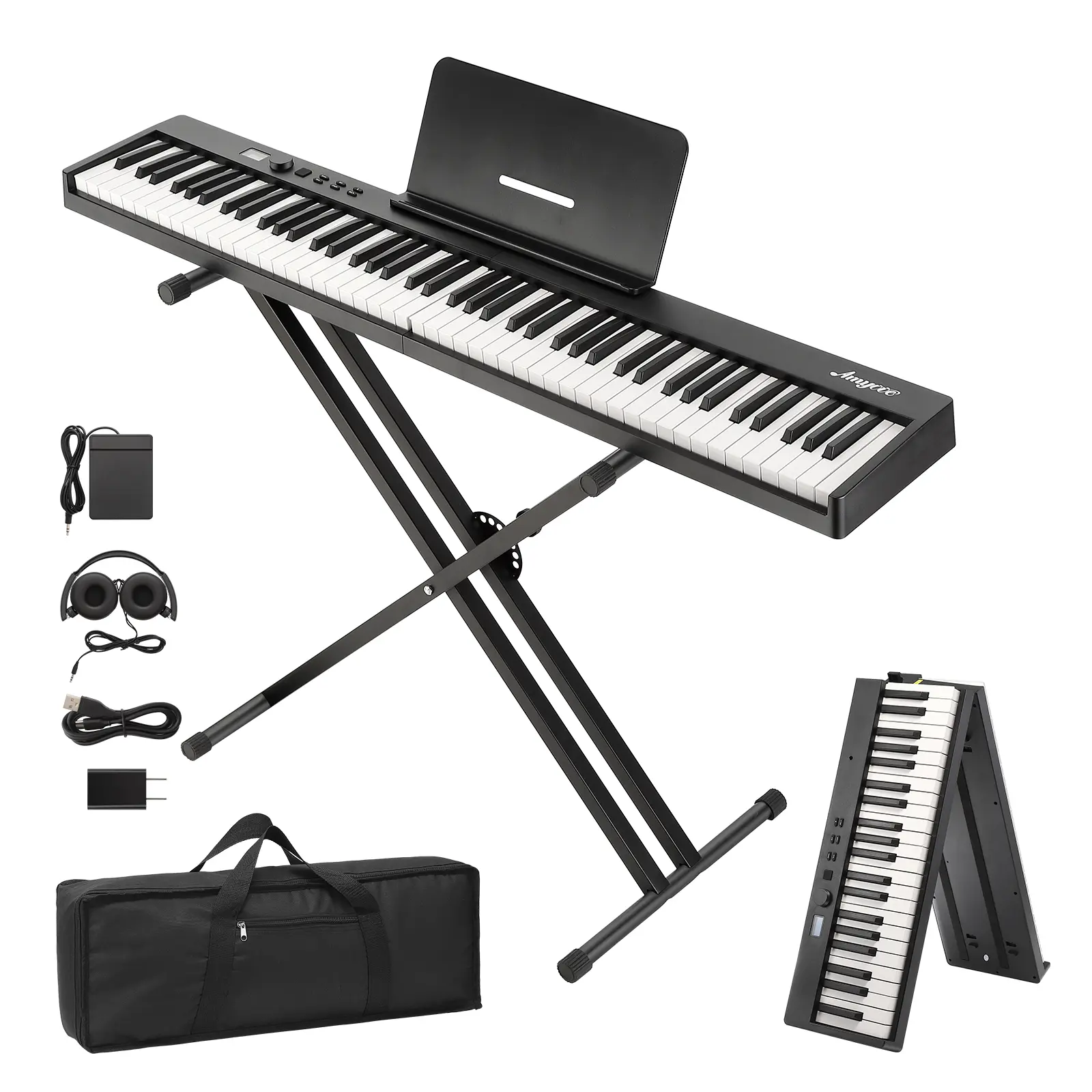 88-Key Full-Size Foldable Digital Piano Keyboard, Portable Lightweight Compact Electronic Piano Complete Kit with Power Adapter, Headphones+Pedal, Carrying Bag, MIDI Wireless, Ideal for Beginners/Pro