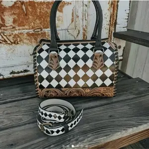 Black & White Tooled Leather Speedy Bag With Detachable adjustable shoulder strap