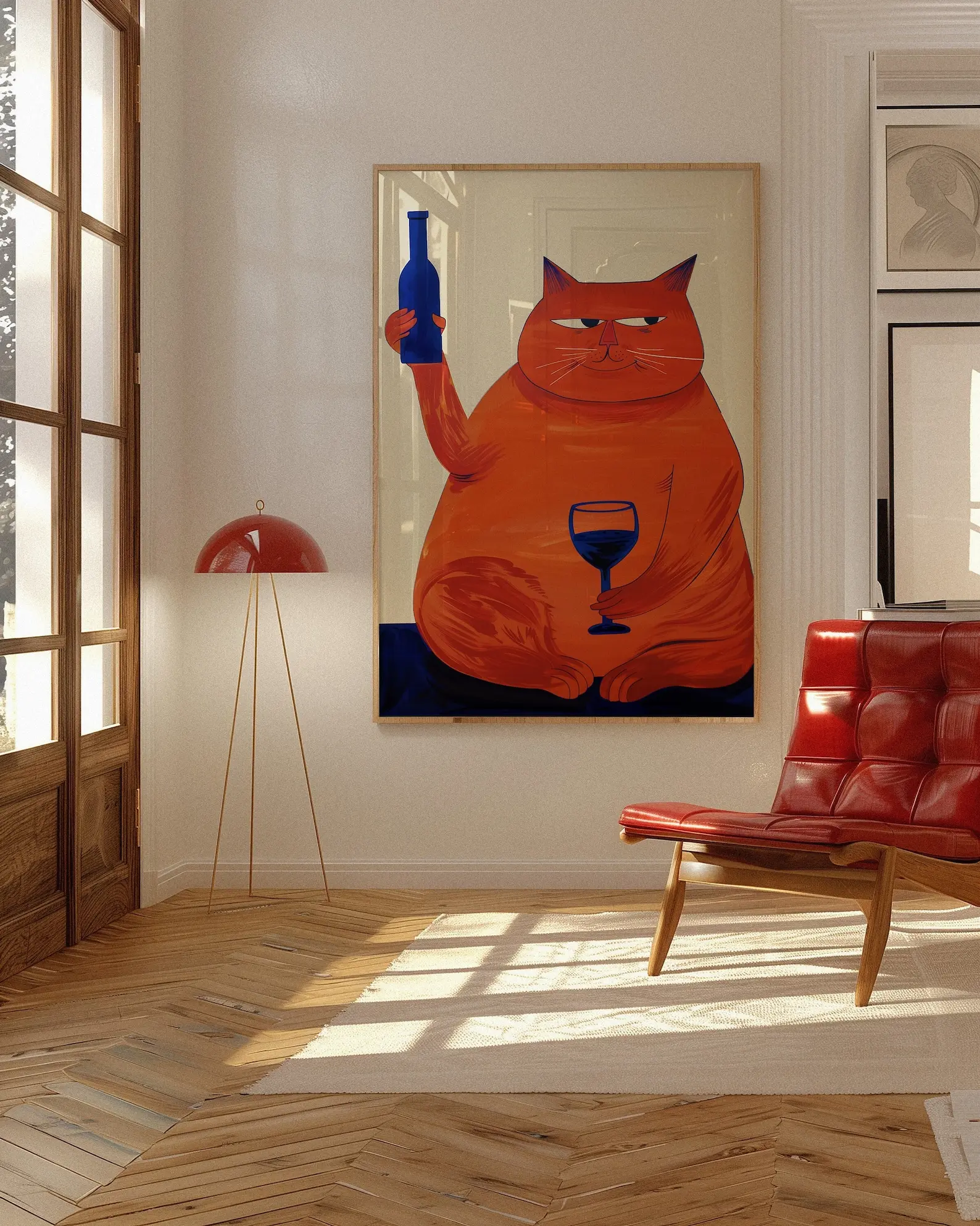 Cat with Wine Glossy Poster, Unframed Retro Bar Cart Wall Art Print