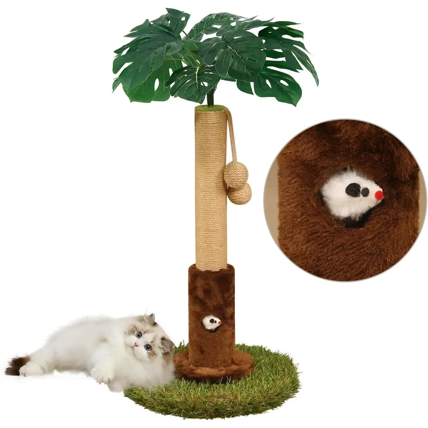 Cat scratching post for indoor cats and kittens - 35.43inch tall cat scratching post, equipped with hemp rope, palm tree-shaped cat scratching post with hanging ball (26.4inch-brown)