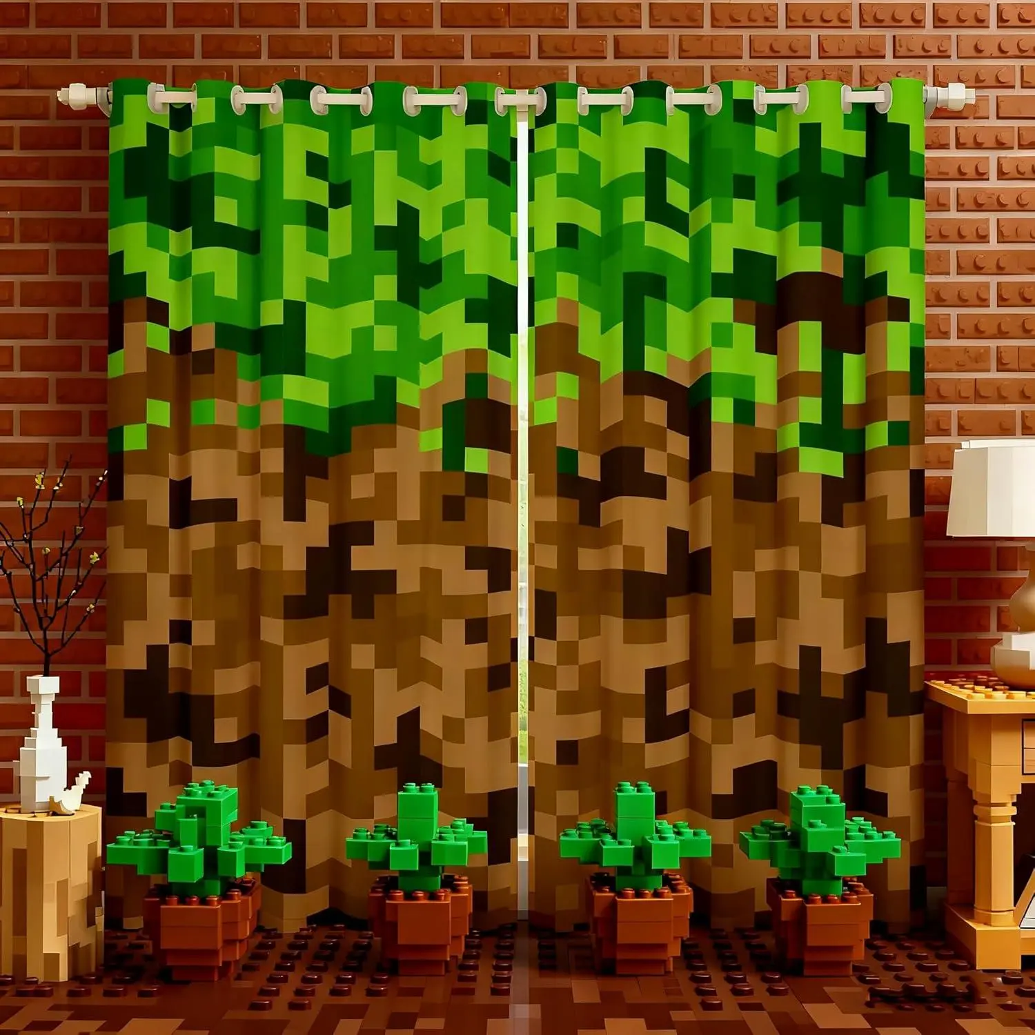 Miners Style Square Grid Window Curtain,Brown Green Pixelated Games Curtains for Kids Boys Teens Men Room Decor,Cartoon Gamepad Modern Window Treatment 100% Blackout Curtain Window Drapes