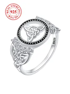 S925 Sterling Silver Celtic Pattern Hollow Geometric Design Elegant Ring, Fashion Rhinestone Decor Accessories for Women & Men, Trendy All-match & Exquisite Jewelry for Birthday Gift