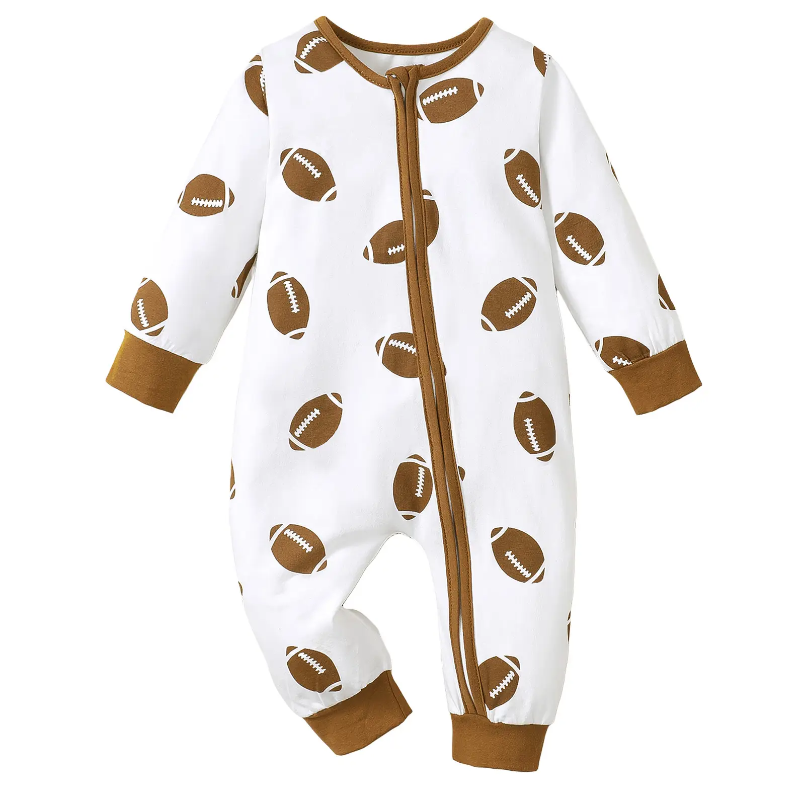 Newborn Baby Girl Boy Football Outfit Rugby Print Long Sleeve Zipped Romper Jumpsuit Infant Fall Clothes