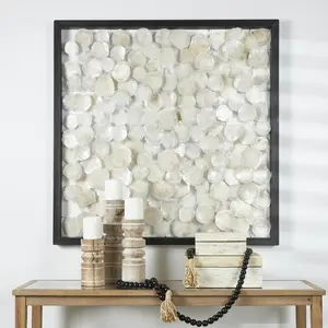 Geometric White Capiz Shell Handmade Dimensional Overlapping Home Wall Decor with Black Metal Frame
