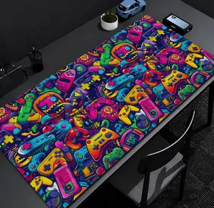 Extended Neon Gaming Controller Desk Mat - Pop Art Cartoon Rubber Stitched Mouse Pad, Retro Video Game Room Decor for Gamers