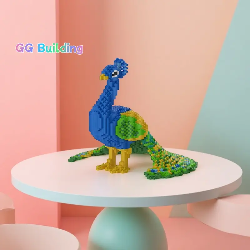 Blue peacock open-screen puzzle building block set, 3D puzzle assembly model, linked bead building blocks, handmade DIY educational building blocks, home desktop decorative ornament, birthday gift for friends, children, and best friends, handmade DIY toy