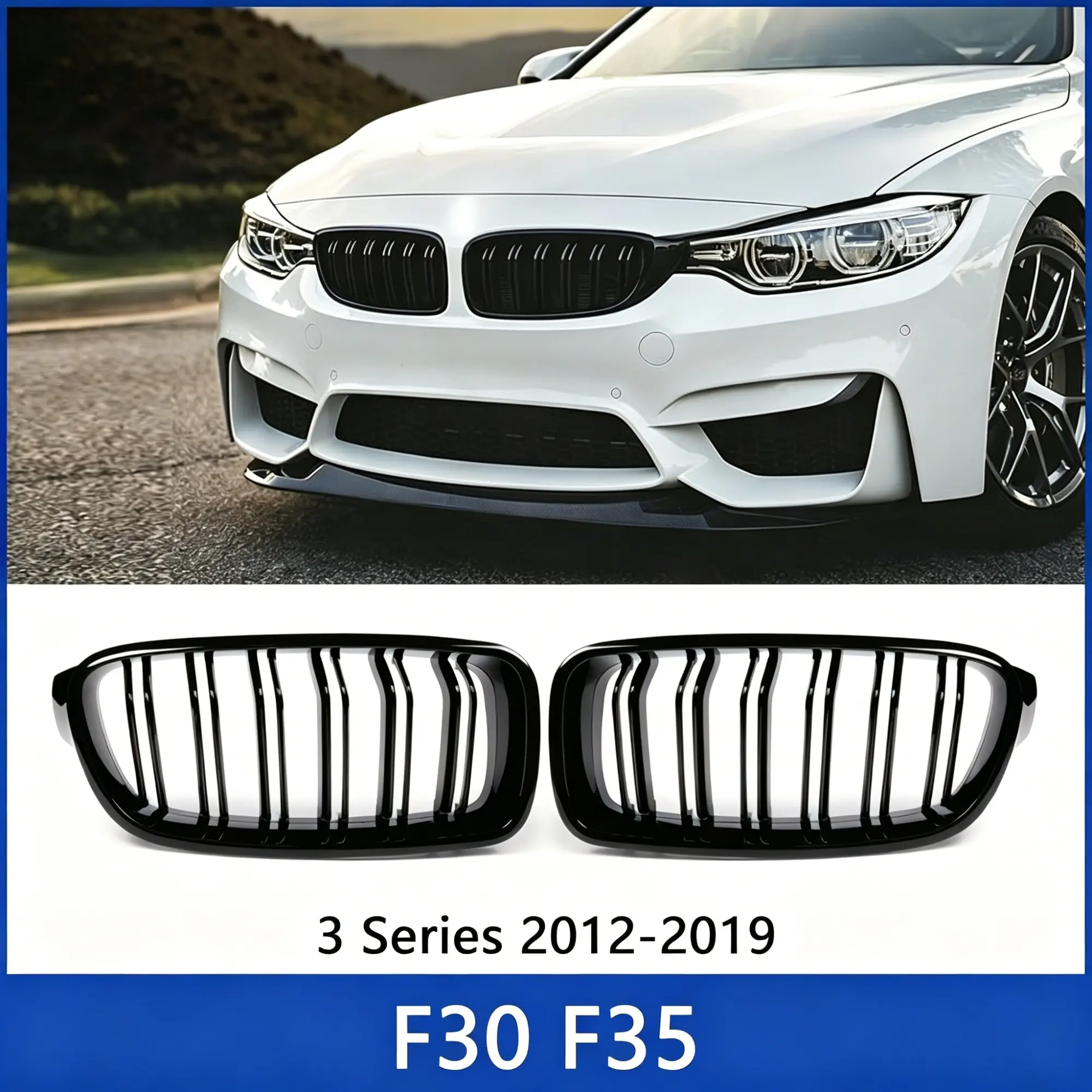 Gloss Black  Carbon Pattern Dual Slat Front Kidney Grille for BMW 3 Series F30 F31 F35 2013-2019 ABS Automotive Exterior Styling Accessories