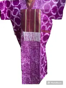 African Bubu Gown - Purple Batik Design with Striped Accents and Unique Circles Pattern for Cultural Events and Special Occasions