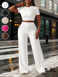 Spring Summer Basic Casual Fashion Street Style Women's Short Sleeve Round Neck Top & Long Pants Set, Comfortable Fitted Home Wear, Plain Pattern, Outfit