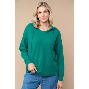 Long Sleeve Solid Knit Top with Hood and Adjustable Drawstrings - Green - Full
