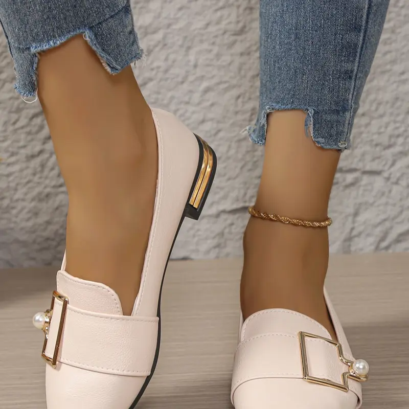 Women's Pointed Toe Versatile Flat Shoes, Casual Style with Metal Buckle and Bow Decoration, Comfortable Daily Wear Footwear, Casual Flats, Casual Fashion Shoes, Pu Leather Shoe