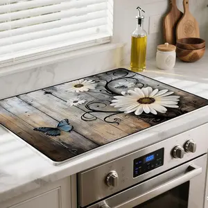 JOYFINITY Heat-Resistant Glass Stove Top Cover with Anti-Slip Rubber Coating – Electric Stove Protector, Scratch-Resistant, Expands Counter Space, Stylish Kitchen Decor (Daisy, 28.4*20.5 in)