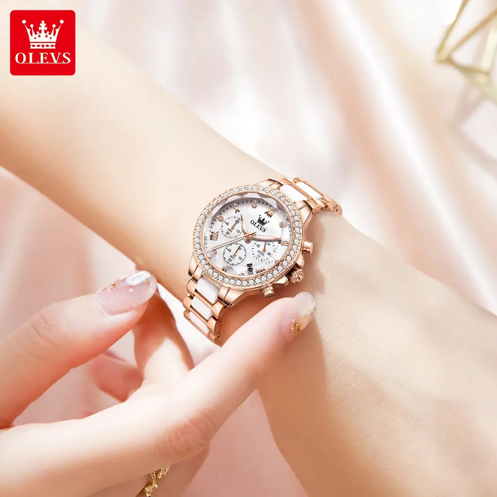 OLEVS Watches For Women Ceramic Strap Watch relojes de mujer Non-Fading Luminous Waterproof Watch iced watches Birthday Gift Anniversary Gift Cool Watches 9999 Reloj de cuarzo para mujer