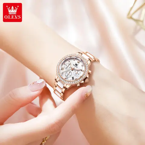 OLEVS Women's Quartz Wristwatch - 16 - 18Mm Glossy Ceramic Band, Buckle Closure, Luminous Fashionable Watch, Non-Fading, Waterproof, Iced Style, Exquisite Watch, Ideal Birthday/Anniversary Gift (12 Months Support)