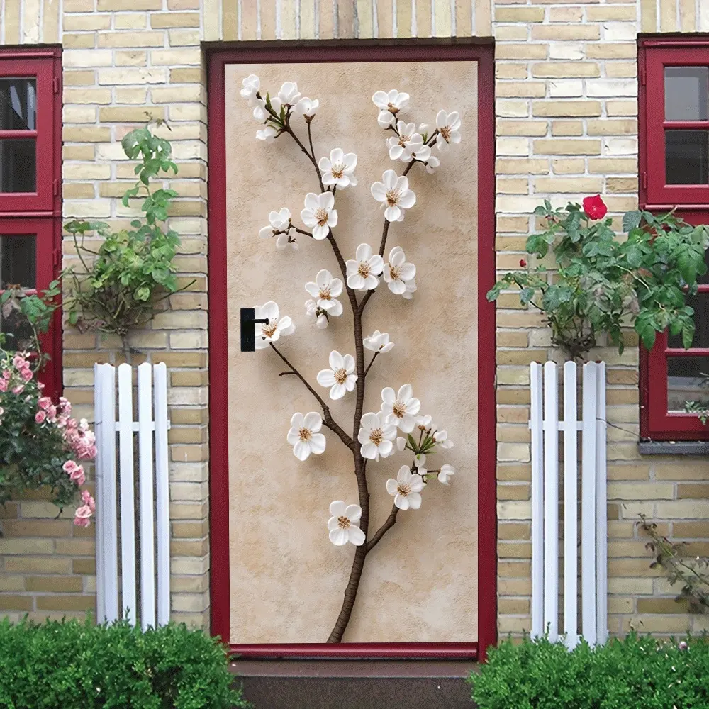 2pcs White Cherry Blossom Branch Wall Sticker Removable Vinyl Decal for Home Decor Living Room Bedroom Door Window Spring Flower Art Mural Decoration DIY Waterproof PVC Sticker