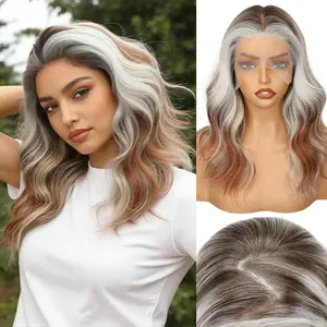 [ AISI HAIR ]13×6 Lace Front Short Wavy Wig, 18 Inch Platinum Silver Blend with Amber Red-Brown, Layered Glueless Synthetic Wig for Women, Free Part, Natural & Realistic Look for Daily Wear