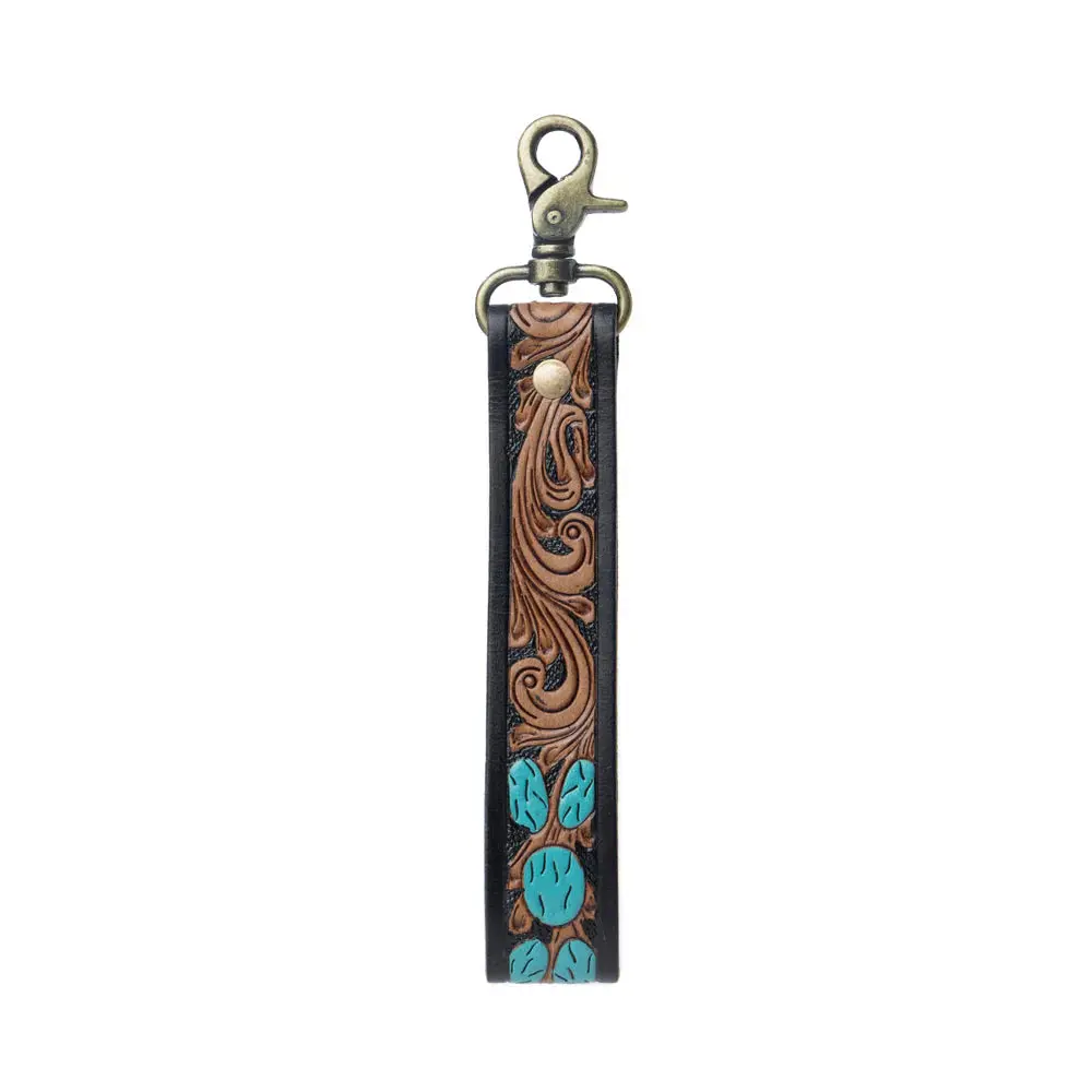 Black And Brown Turquoise Daydreams Leather Tooled Key Fob