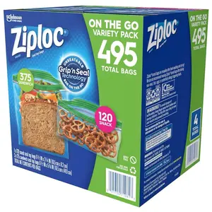 Ziploc On The Go Variety Pack 495 Total Bags 375 Sandwich & 120 Snack Bags with Grip'n Seal Technology Clear Containers for Kitchen Utensils