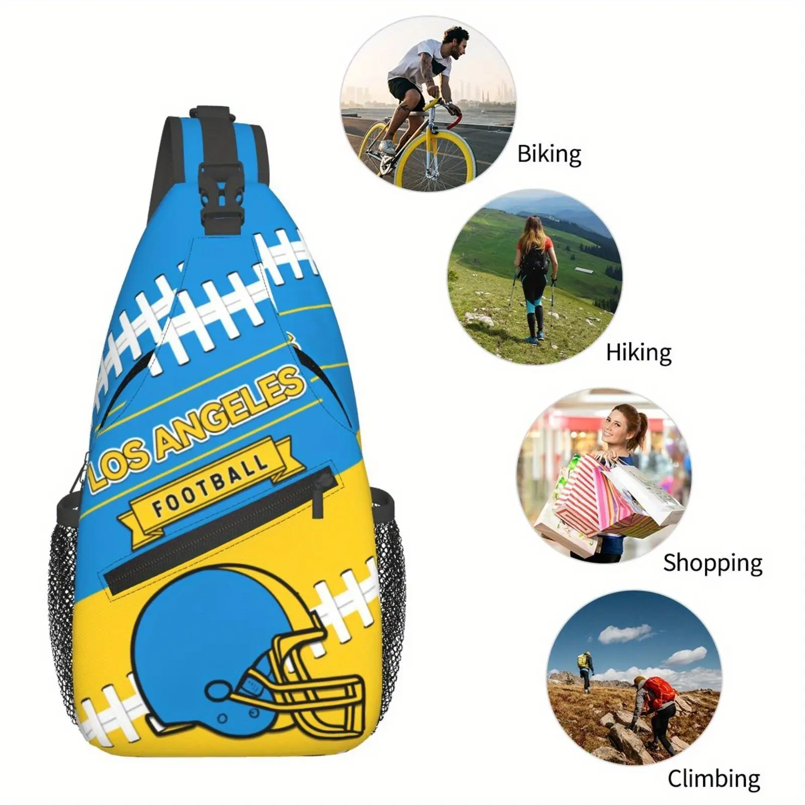 Large Los Angeles Football Crossbody Backpack - with Helmet Graphic, for Travel, Hiking, Cycling, Sports - Adjustable Strap & Zipper Closure - Unisex Backpack for Men, Women, Teens - Perfect for LA Football Fans, Backpack fo sling bag chest