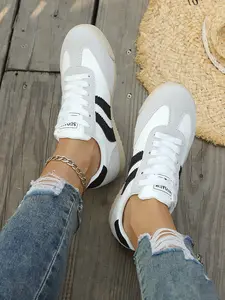 New Large Size Women's Shoes, Casual Patchwork Athletic Sneakers, Sports Shoes, Comfortable Breathable Textile Upper, All Season Fashion Footwear, Casual Sporty Sneakers