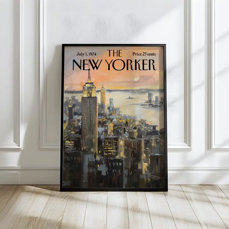 Vintage New Yorker Poster, Retro Empire State Building Aerial Sunset Hudson River Print, NYC Oil Painting Skyline Wall Art