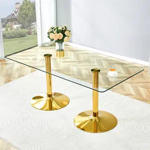 Modern Minimalist Circular Dining & Coffee Table, 71x35.4 in Glass Tabletop, Electroplated Gold Metal Legs, Suitable for Restaurants, Living Rooms