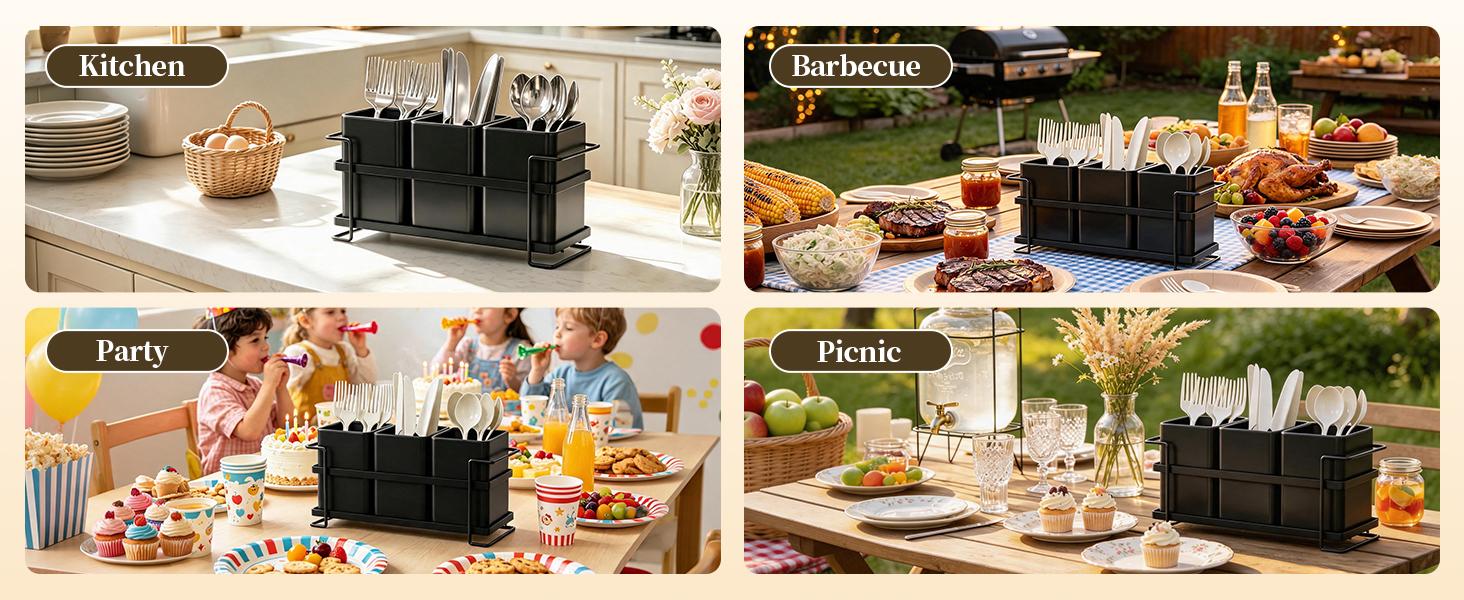San Dream Kitchen Utensil Holder, Multi‑Compartment Black Metal Utensil Storage Caddy, Large Capacity Cooking Tool Organizer for Kitchen Countertop