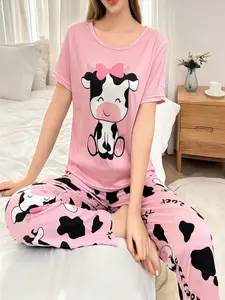 Cartoon Print Pajama Set, Short Sleeve Top + Long Pants, Cute and Comfortable Womenswear Loungewear Sleepwear for Spring and Summer, Pyjamas, Loose Lounge Clothes, Nightwear Loungewear