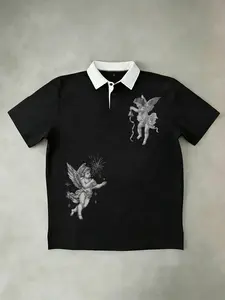Cherub Angel Graphic Polo Shirt | Contrast White Collar | Vintage Renaissance Cherub Print | Gothic Streetwear for Men & Women | Retro Y2K Aesthetic Casual Tops in Black/Navy