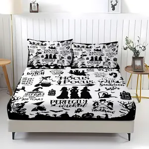 3-piece set of HOCUS POCUS patterned bed sheets, including 1 bed sheet and 2 pillowcases, with anti slip and dust covers suitable for bedrooms and as birthday or holiday gifts