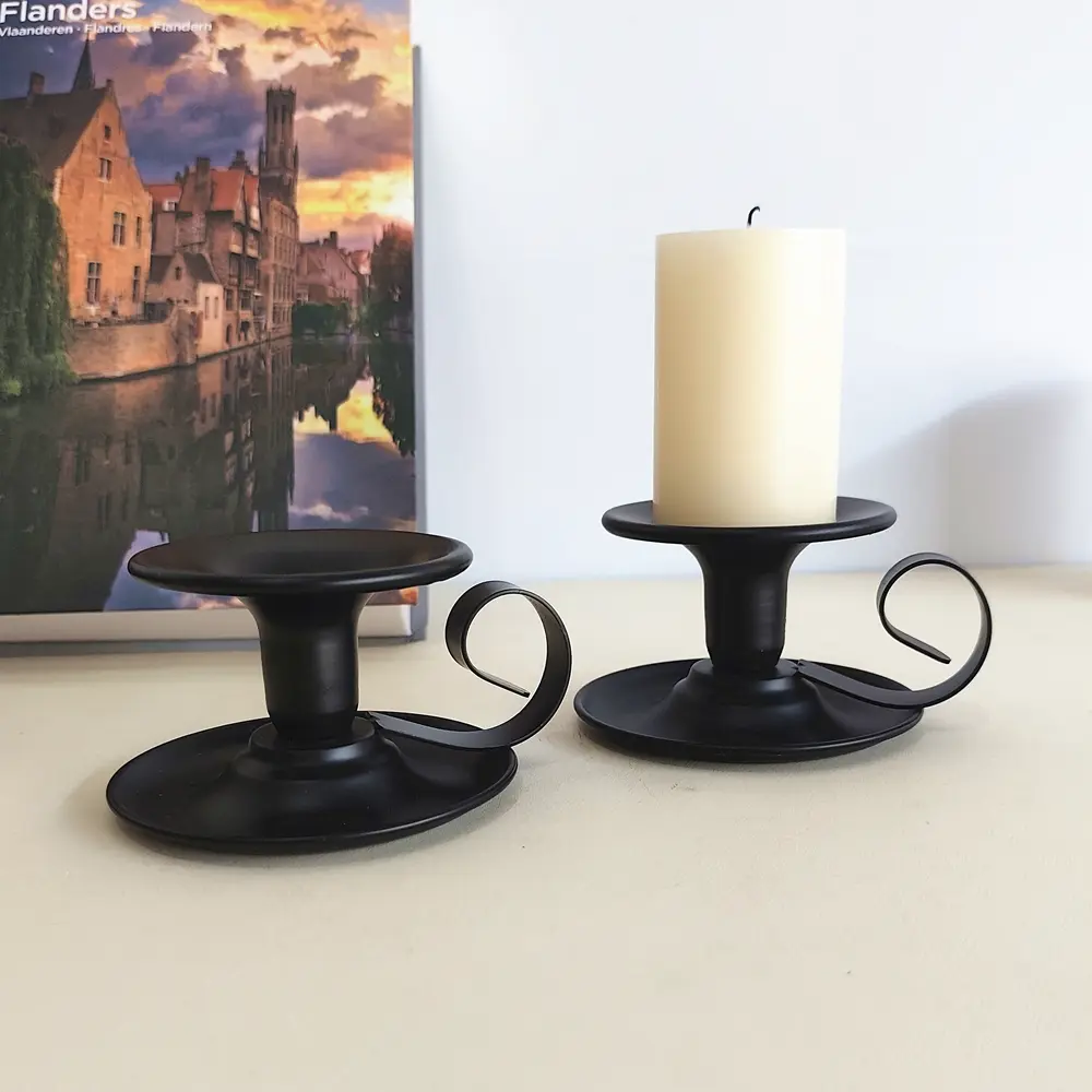 2-Pack Antique Retro Matte Black-Gold Iron Pillar Candle Holders - Portable, Decorative Metal-Handled with Drip Protection, Universal Room Home Decor for Dinner, Wedding, Ideal Gift