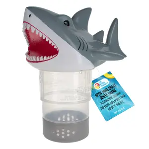 Open Jaws Great White Shark Floating Pool Chlorine Dispenser, Collapsible Base, Holds 3" Tablets - Scary Teeth, Animal Float Floater