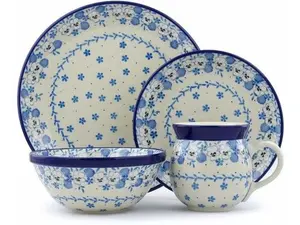 Polish Pottery 4-Piece Place Setting White Pansy