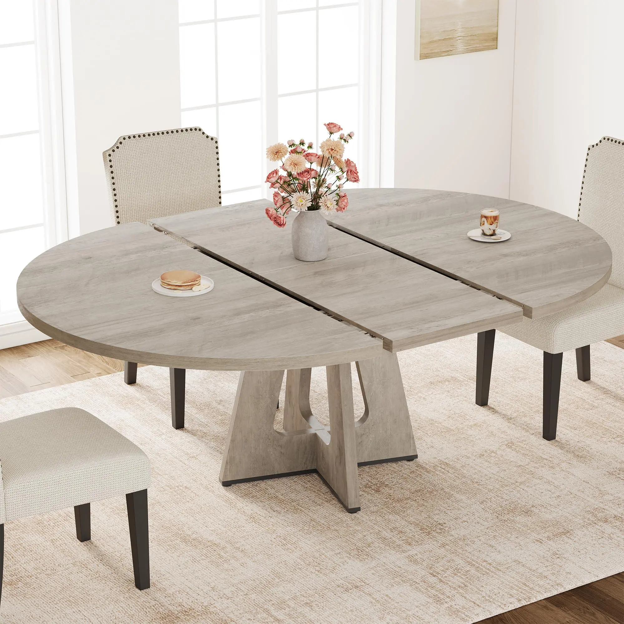 47"-63" Extendable Round Dining Table for 4-8 (Table Only) - Grey | Oval Dinner Table with Wooden Cross Pedestal Base, Farmhouse Kitchen Circular Furniture for Dining Room, Living Room, Kitchen