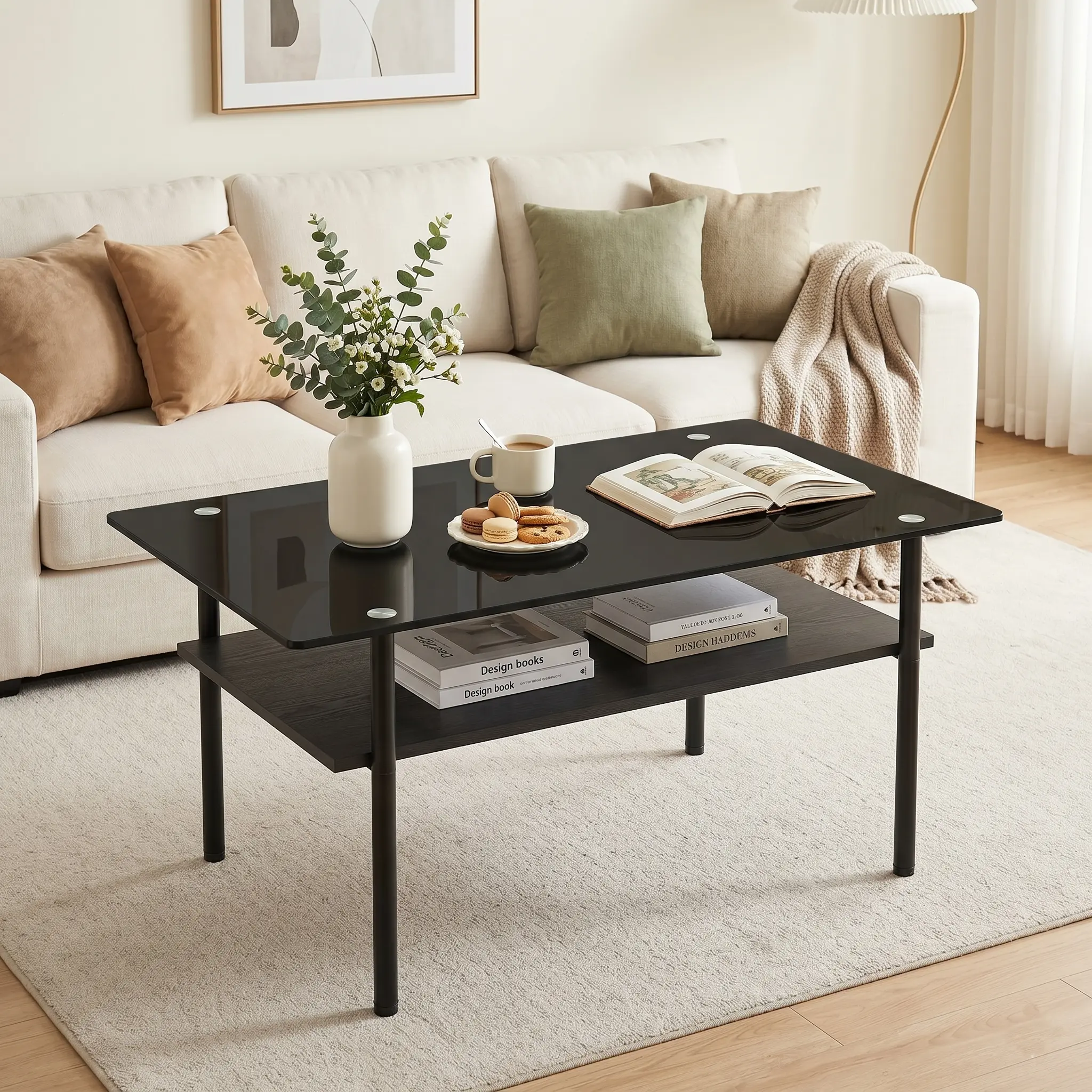 Modern Rectangular Tempered Glass Coffee Table - Black Matte 2-Tier Accent Center Table with Black Metal Frame, Large Size 38.6"x22.8"x17.7", Heavy Duty, 2-Tier Shelf Space, Minimalist Living Room Furniture, Easy to Clean, Easy Setup