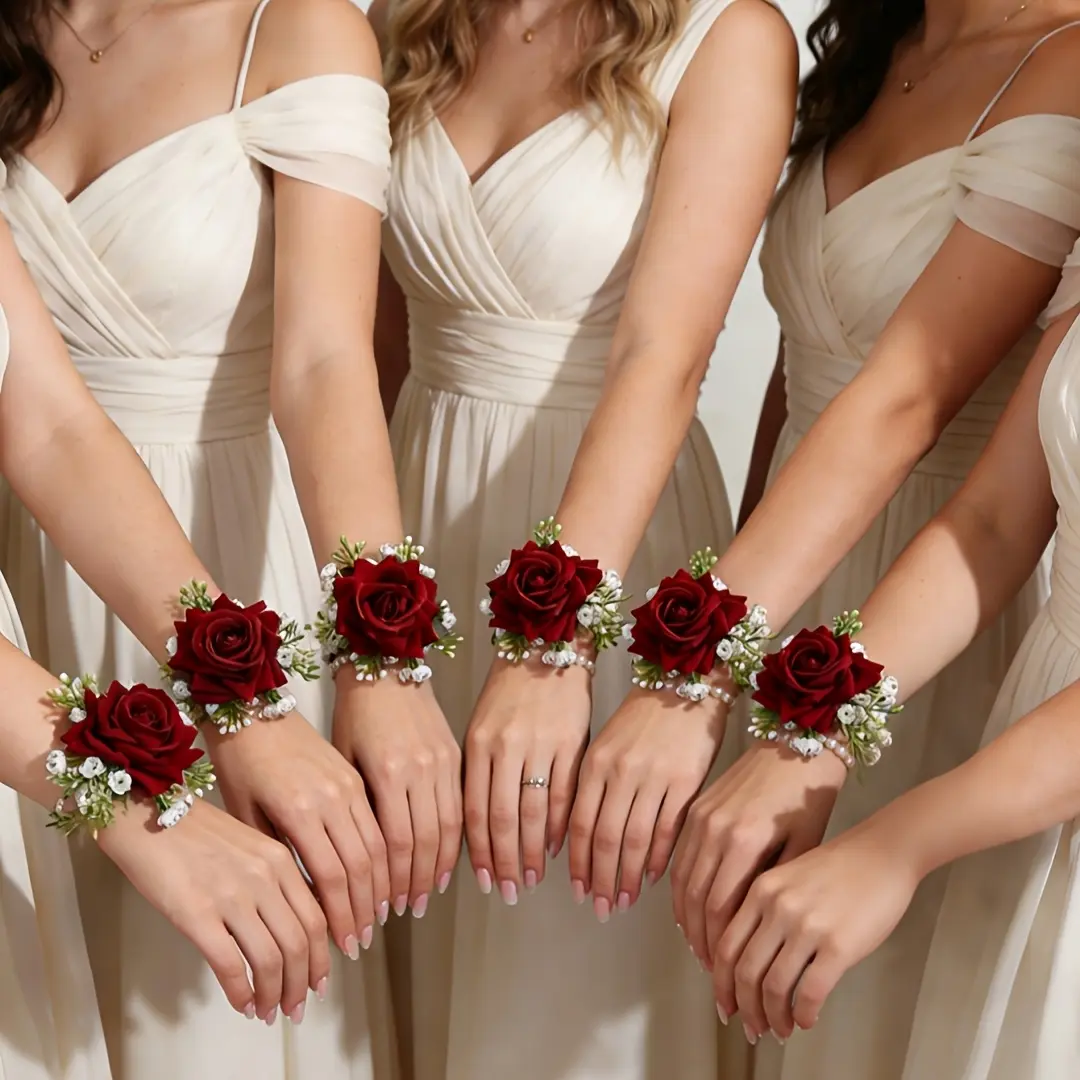6pcs Elegant Fabric Rose Wrist Flower Set, Suitable for Weddings, Engagements - Artificial Rose Floral Additions, Ideal for Bride, Groom, Bridal Shower - Spring Fall Theme, Perfect for Thanksgiving, Valentine's Day