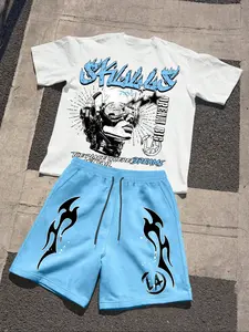 Men's Fashion Casual Knit Two-Piece Set, Robot Woman Graphic Print Round Neck Short Sleeve T-Shirt & Drawstring Shorts, Summer Streetwear