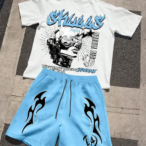 Men's Fashion Casual Loose Knit Two-Piece Set Outfit, Robot Woman Graphic Print Round Neck Short Sleeve T-Shirt & Drawstring Shorts, Casual Clothing Set, Summer Streetwear, Menswear