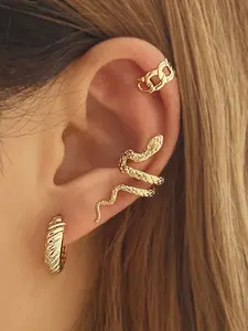 Retro Snake Earrings Set, Statement Earrings, Three-Piece C-Shaped Ear Cuff and Clip-On Design, Stylish Snake Motif Jewelry for Fashion Lovers
