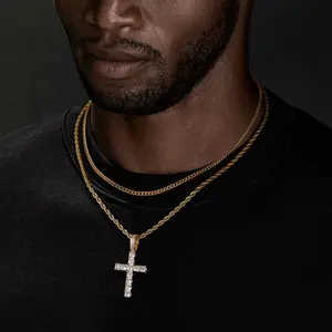 Cross Pendant Necklace for Men Cubic Zirconia 3mm Stainless Steel Cuban Link rope Layered Chains 18-24 Inch Jewelry Gifts