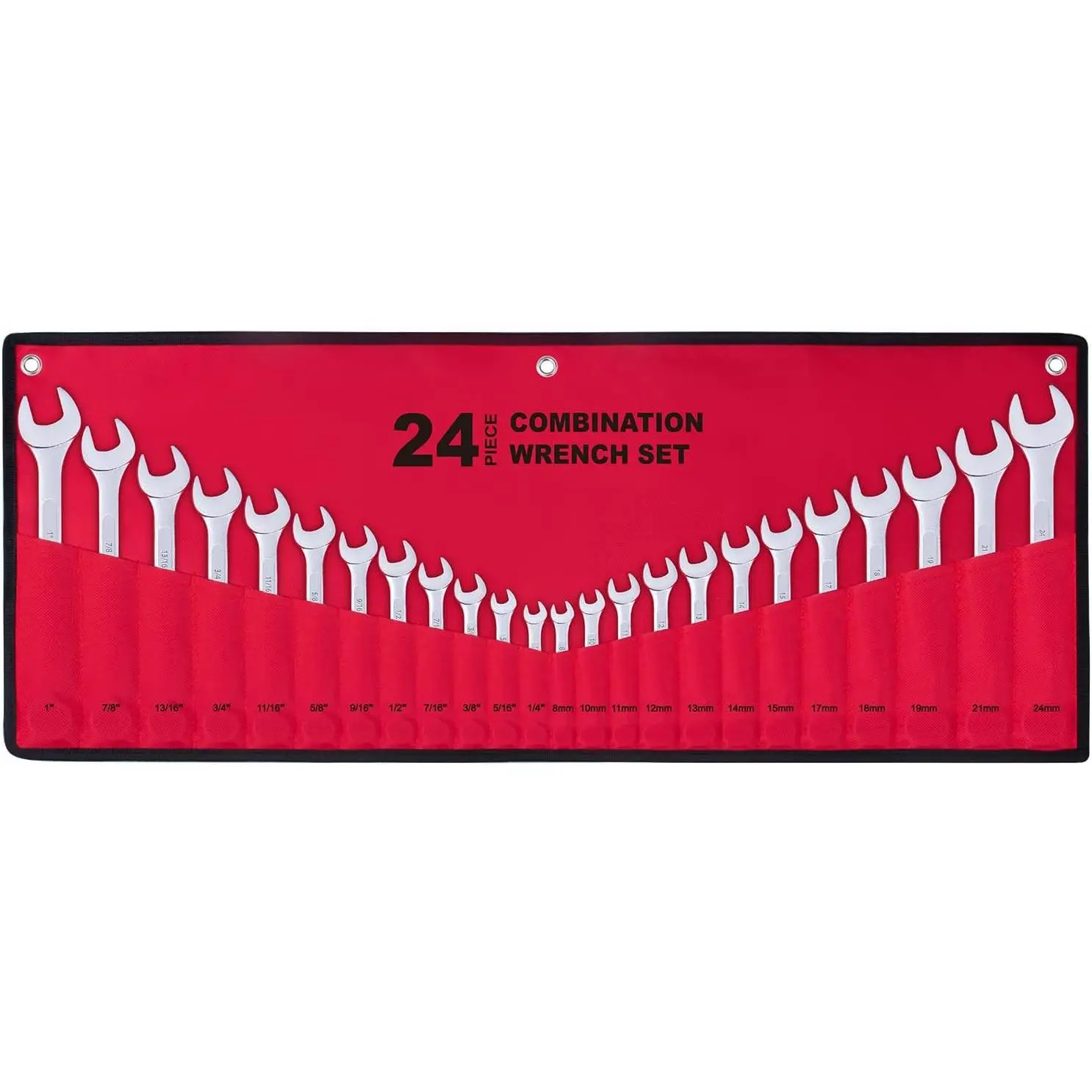 24- All-Purpose Master Combination Wrench Set with Roll-up Pouch | SAE 1/4" to 1", Metric 8mm to 24mm |  for General Household, Garage, Auto Repairs, , , Boat, and Travel