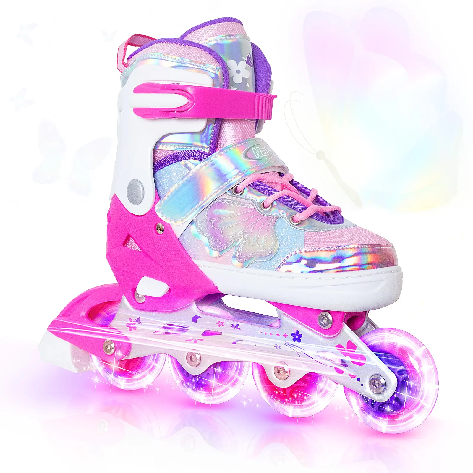 Nattork Kids' Fairy Wing Inline Skates with Light-Up Wheels, Breathable Mesh, Adjustable Sizes, High-Top Support and Extra Toe Protection, Butterfly Wing Decorations, Ankle Protection, Indoor Adventures, Outdoor Escapades