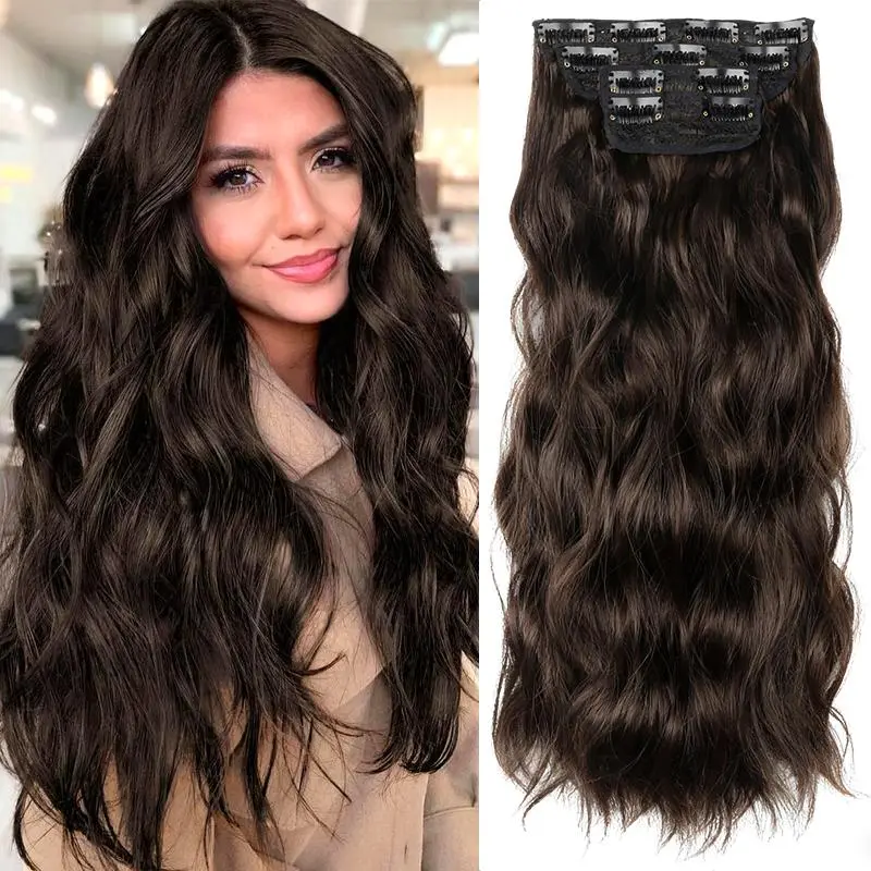 Curly Hair Clip in Extensions Thick Hairpieces 24 Inch Full Head Synthetic Hair Extension 4PCS Lightweight Double Weft  Long Wavy Synthetic Hairpieces for Women Daily Use Styles full head coverage Gift for gf clip-in extension