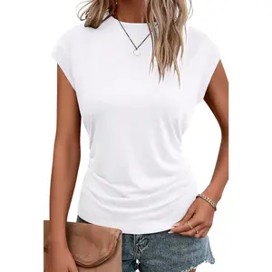 Womens Summer Tops Cap Sleeve Crew Neck T Shirts Spring Trendy Fashion Outfits Business Beach Vacation Blouses Clothes